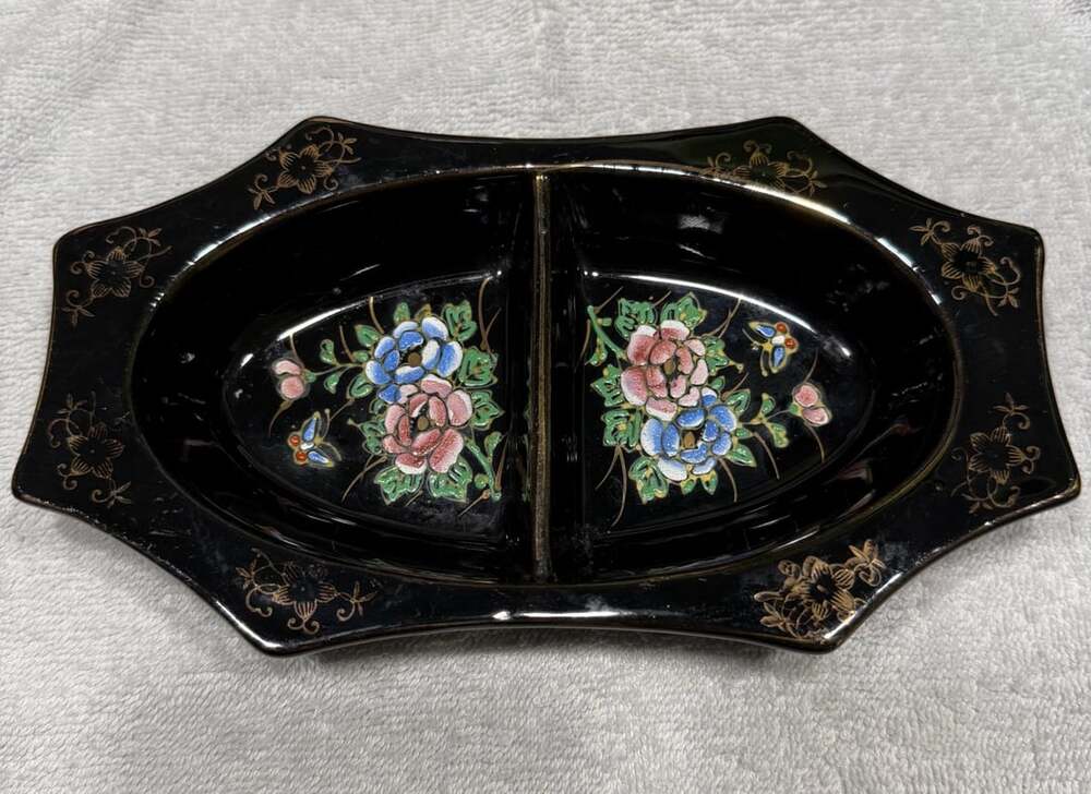 Vintage Handpainted Divided Trinket Dish Black Floral